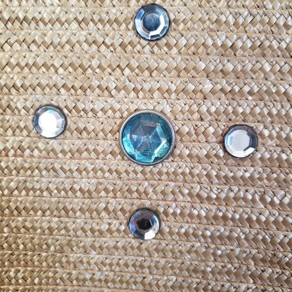 Pier Giorgio Womens Bag Straw Wood Handles Rhinestone Crescent Zip Closure Italy - Picture 3 of 10